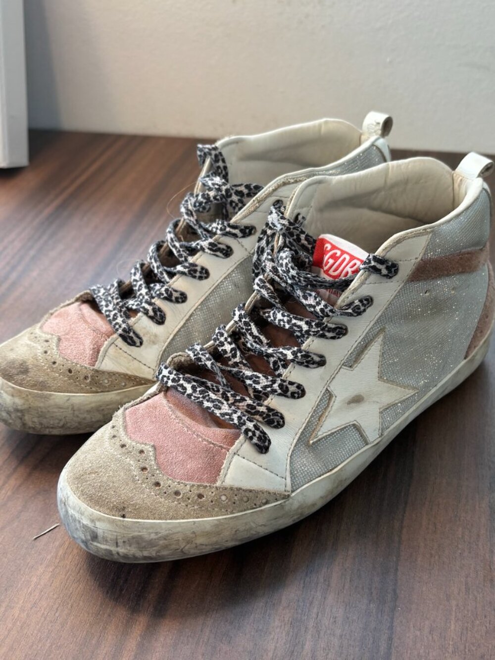 Vintage Golden Goose Womens Pink and Silver Mid Star Sneakers with glitter